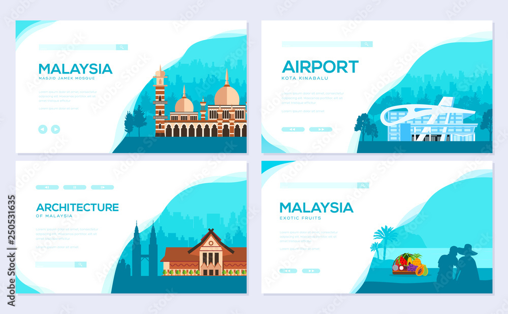 Country Malaysia travel vacation of place and feature. Traditional architecture brochure card set. Monument  template of flyear, web banner, ui header, enter site. Layout invintation modern slider