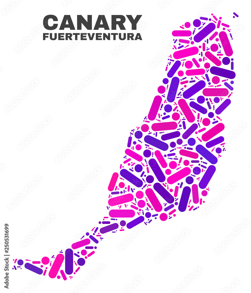Fototapeta premium Mosaic Fuerteventura Island map isolated on a white background. Vector geographic abstraction in pink and violet colors.