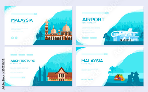 Country Malaysia travel vacation of place and feature. Traditional architecture brochure card set. Monument template of flyear, web banner, ui header, enter site. Layout invintation modern slider