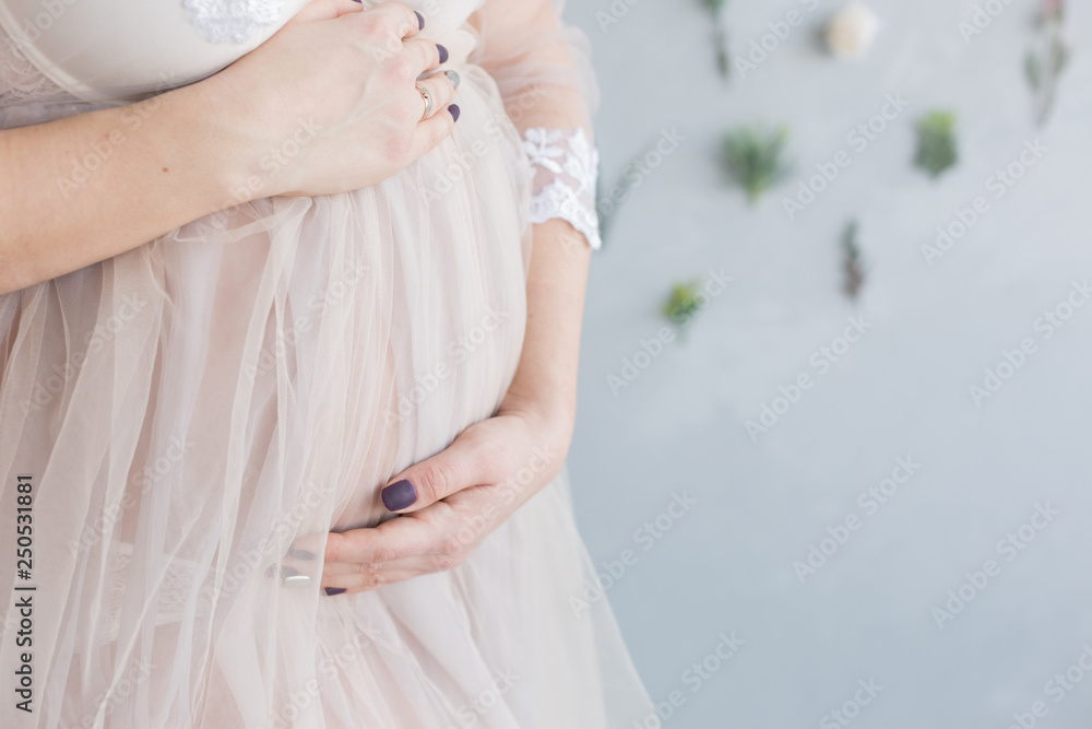 the pregnant woman keeps her hands on her stomach. pregnant woman in a dressing gown made of tulle. pregnant belly the pregnant woman keeps her hands on her stomach. pregnant woman in a dressing gown made of tulle. pregnant belly