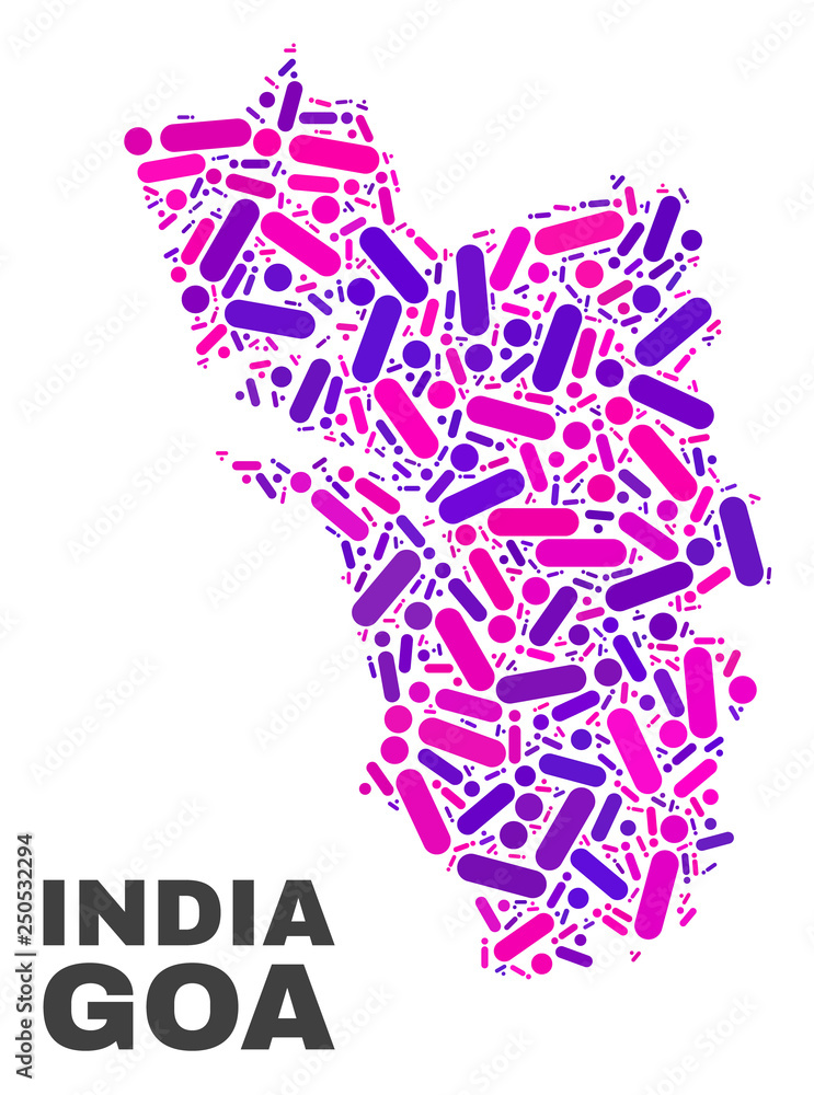 Mosaic Goa State map isolated on a white background. Vector geographic abstraction in pink and violet colors. Mosaic of Goa State map combined of scattered circle dots and lines. Mosaic Goa State map isolated on a white background. Vector geographic abstraction in pink and violet colors. Mosaic of Goa State map combined of scattered circle dots and lines.
