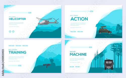 military equipment brochure card set.  Army template of flyear, web banner, ui header, enter site. Layout invintation modern slider