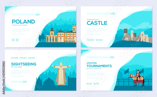 Country Poland travel vacation guide concept. Traditional tour brochure card set. Template of flyear, web banner, ui header, enter site. Layout invintation modern slider