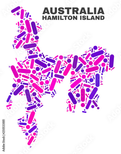 Mosaic Hamilton Island map isolated on a white background. Vector geographic abstraction in pink and violet colors. Mosaic of Hamilton Island map combined of random circle points and lines.