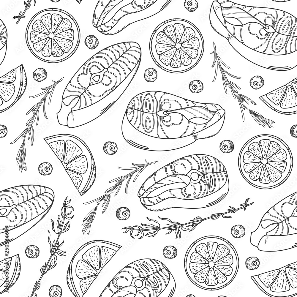 Seamless pattern with salmon steaks. Hand-drawn salmon steaks, lemon wedges and herbs. Black and white vector seamless pattern. 