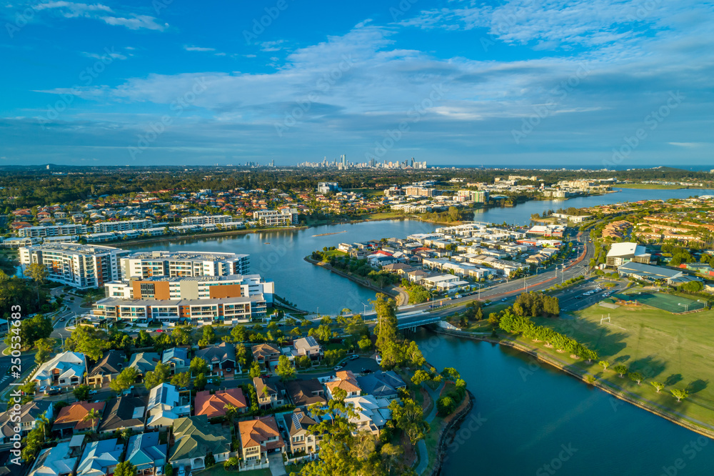 Aerial view of luxury real estate of Varsity Lakes suburb on Gold Coast, Queensland, Australia