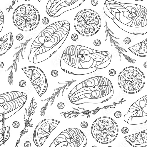 Seamless pattern with salmon steaks. Hand-drawn salmon steaks, lemon wedges and herbs. Black and white vector seamless pattern. 
