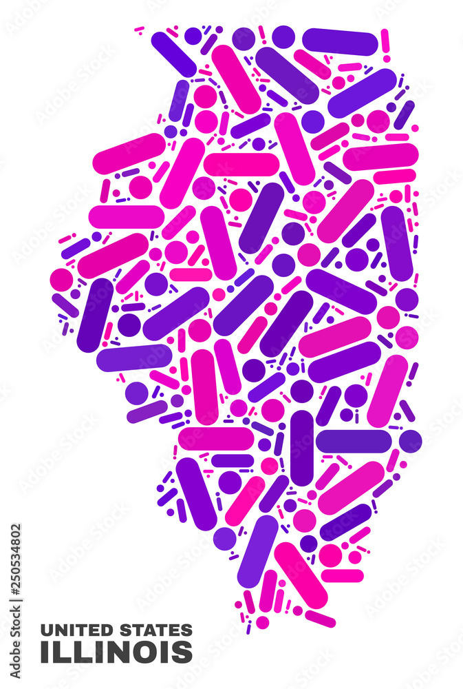 Mosaic Illinois State map isolated on a white background. Vector geographic abstraction in pink and violet colors. Mosaic of Illinois State map combined of random round dots and lines.