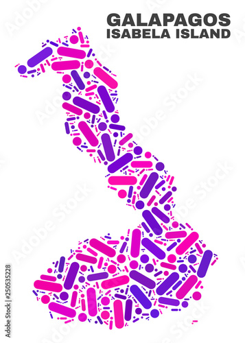 Mosaic Isabela Island of Galapagos map isolated on a white background. Vector geographic abstraction in pink and violet colors.