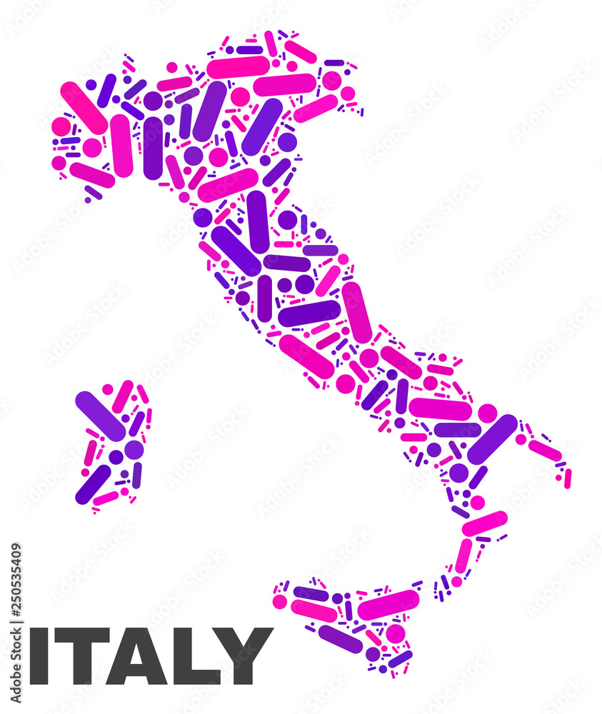 Mosaic Italy map isolated on a white background. Vector geographic abstraction in pink and violet colors. Mosaic of Italy map combined of scattered round dots and lines.