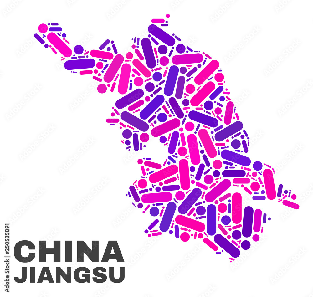 Mosaic Jiangsu Province map isolated on a white background. Vector geographic abstraction in pink and violet colors. Mosaic of Jiangsu Province map composed from scattered round points and lines. Mosaic Jiangsu Province map isolated on a white background. Vector geographic abstraction in pink and violet colors. Mosaic of Jiangsu Province map composed from scattered round points and lines.