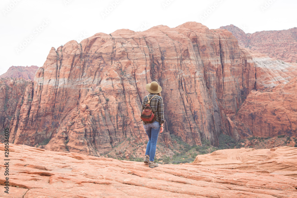 Rear view of woman with backpack looking at mountains while standing on rock formation against sky in Snow Canyon State Park Rear view of woman with backpack looking at mountains while standing on rock formation against sky in Snow Canyon State Park