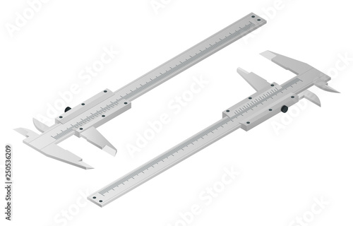 Isometric calipers isolated on white. Vernier caliper, metal equipment engineering work measurement tools. Device used to measure the distance between two opposite sides of an object