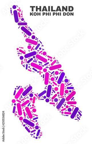 Mosaic Koh Phi Don map isolated on a white background. Vector geographic abstraction in pink and violet colors. Mosaic of Koh Phi Don map combined of scattered circle points and lines.