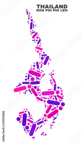 Mosaic Koh Phi Leh map isolated on a white background. Vector geographic abstraction in pink and violet colors. Mosaic of Koh Phi Leh map combined of scattered round dots and lines.