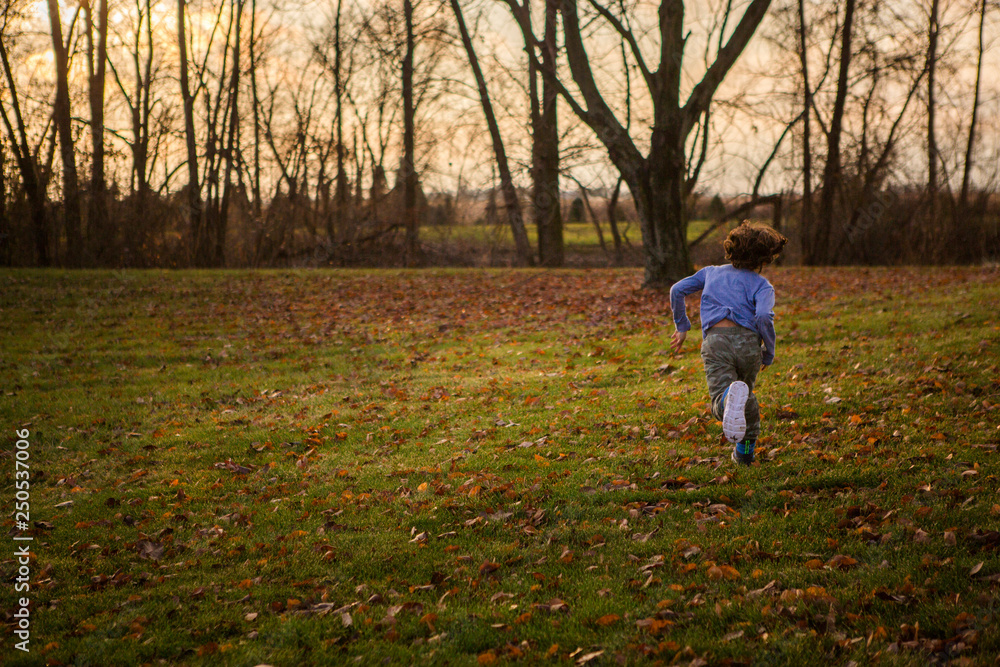 Rear view of playful boy running on grassy field in park during autumn at sunset Rear view of playful boy running on grassy field in park during autumn at sunset