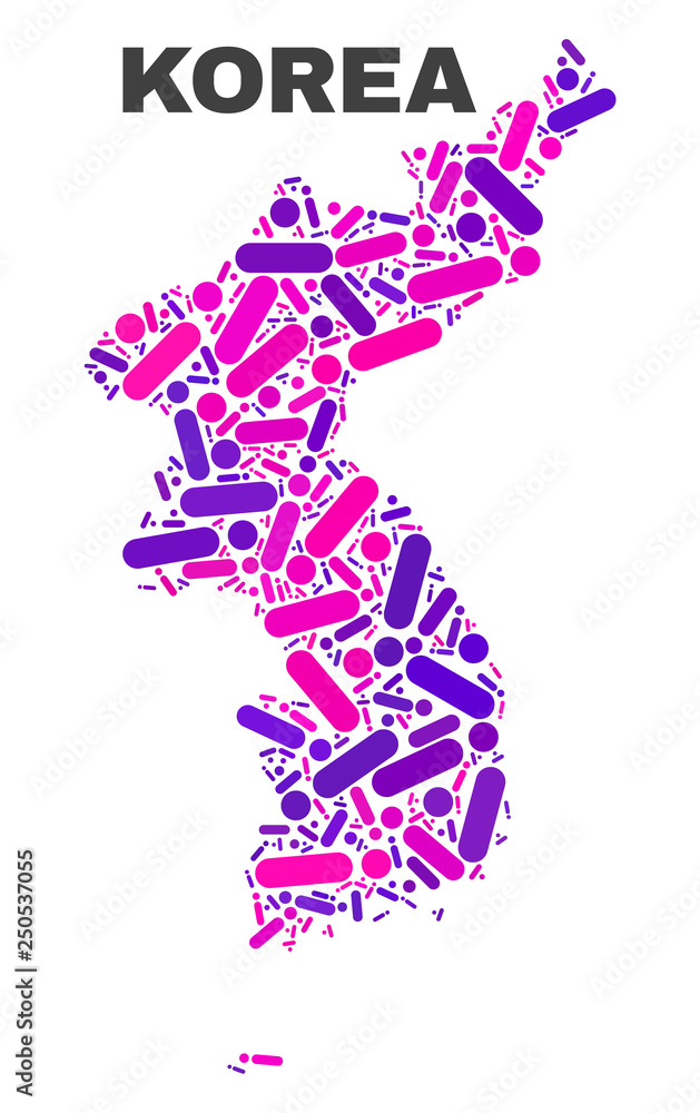 Mosaic Korea map isolated on a white background. Vector geographic abstraction in pink and violet colors. Mosaic of Korea map combined of scattered circle dots and lines.