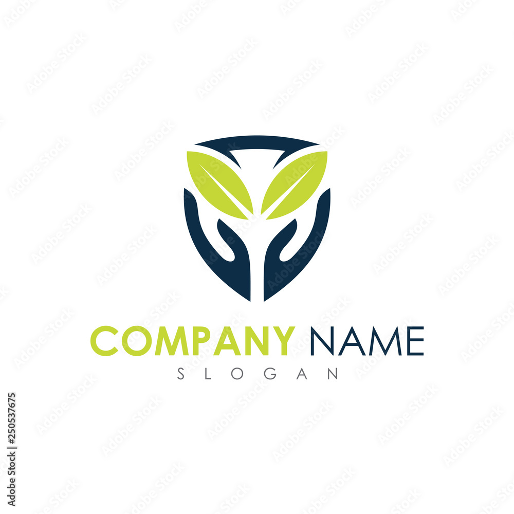 health care logo, nature care logo, hand and leaf logo in shield shape health care logo, nature care logo, hand and leaf logo in shield shape