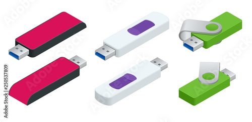 Isometric set of USB flash drives. USB memory stick isolated on white. Thumb drive, gig stick, disk key, disk on key