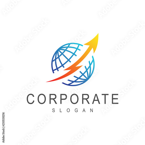 globe with flash arrow logo, arrow thunder in globe logo