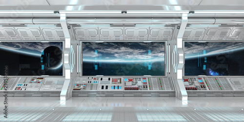 Fototapeta Naklejka Na Ścianę i Meble -  White spaceship interior with large window view 3D rendering