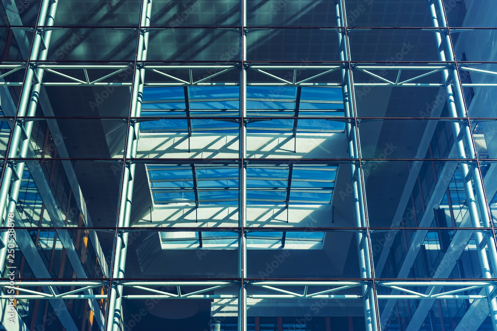Glass transparent wall of modern building, perspective view