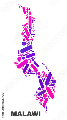 Mosaic Malawi map isolated on a white background. Vector geographic abstraction in pink and violet colors. Mosaic of Malawi map combined of scattered round dots and lines.