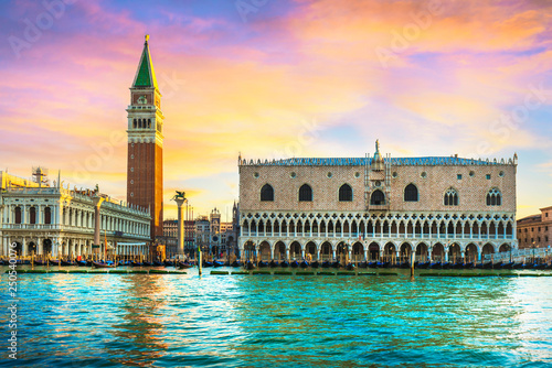 Venice landmark at dawn, Piazza San Marco with Campanile and Doge Palace. Italy
