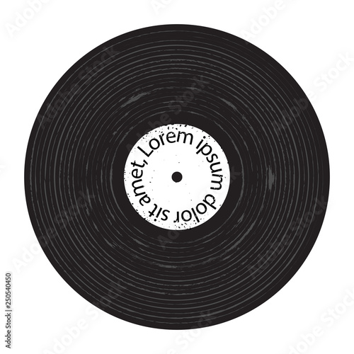 High resolution vector illustration of a vintage vinyl record. Black LP disc with concentric sound grooves, central white label, and subtle grunge texture for music design.