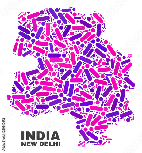 Mosaic New Delhi City map isolated on a white background. Vector geographic abstraction in pink and violet colors. Mosaic of New Delhi City map combined of scattered circle points and lines.