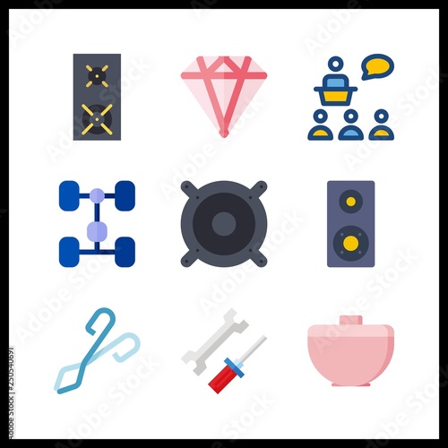 9 workshop icon. Vector illustration workshop set. speaker and crucible tongs icons for workshop works