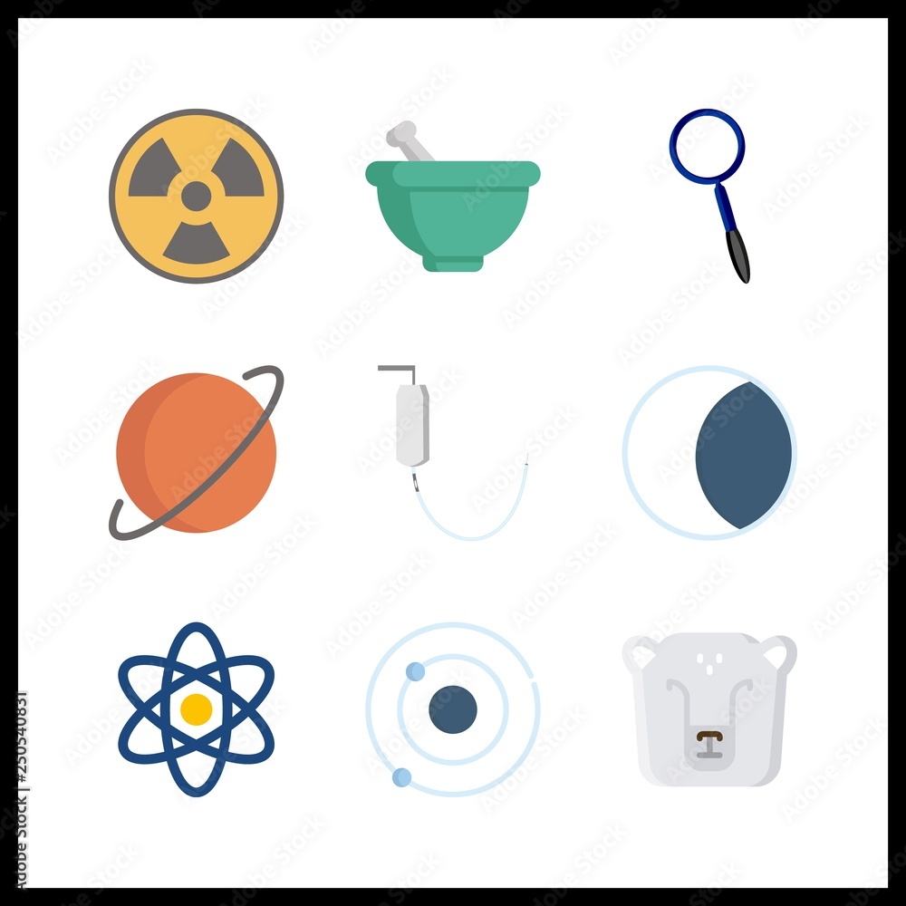 9 science icon. Vector illustration science set. mortar and moon icons for science works
