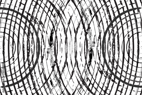 Vector abstract geometric grunge overlay featuring distressed concentric circles, radial line interference, moire pattern, and optic wave lines for retro background.