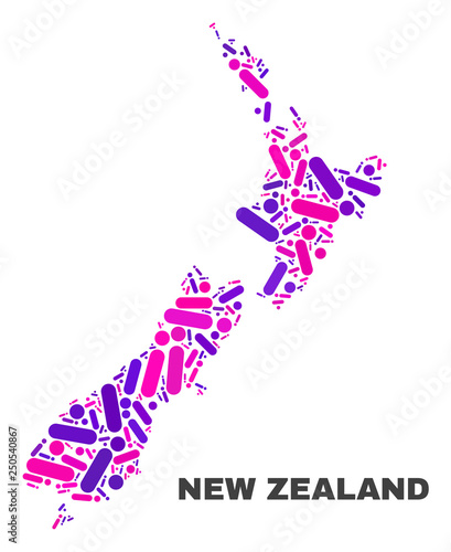 Mosaic New Zealand map isolated on a white background. Vector geographic abstraction in pink and violet colors. Mosaic of New Zealand map composed from random round points and lines.