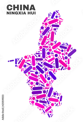 Mosaic Ningxia Hui Region map isolated on a white background. Vector geographic abstraction in pink and violet colors. Mosaic of Ningxia Hui Region map combined of scattered circle dots and lines.