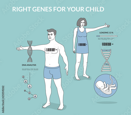 Select features of a child. Modern illustration in linear style. Artificial insemination/ DNA/ Genes concept.