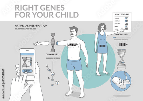 Searching right genes for child. Modern illustration in linear style. Artificial insemination/ DNA/ Genes concept.