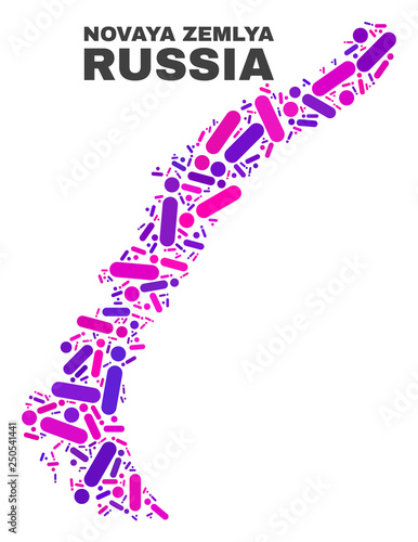 Mosaic Novaya Zemlya Islands map isolated on a white background. Vector geographic abstraction in pink and violet colors. Mosaic of Novaya Zemlya Islands map combined of random round points and lines.