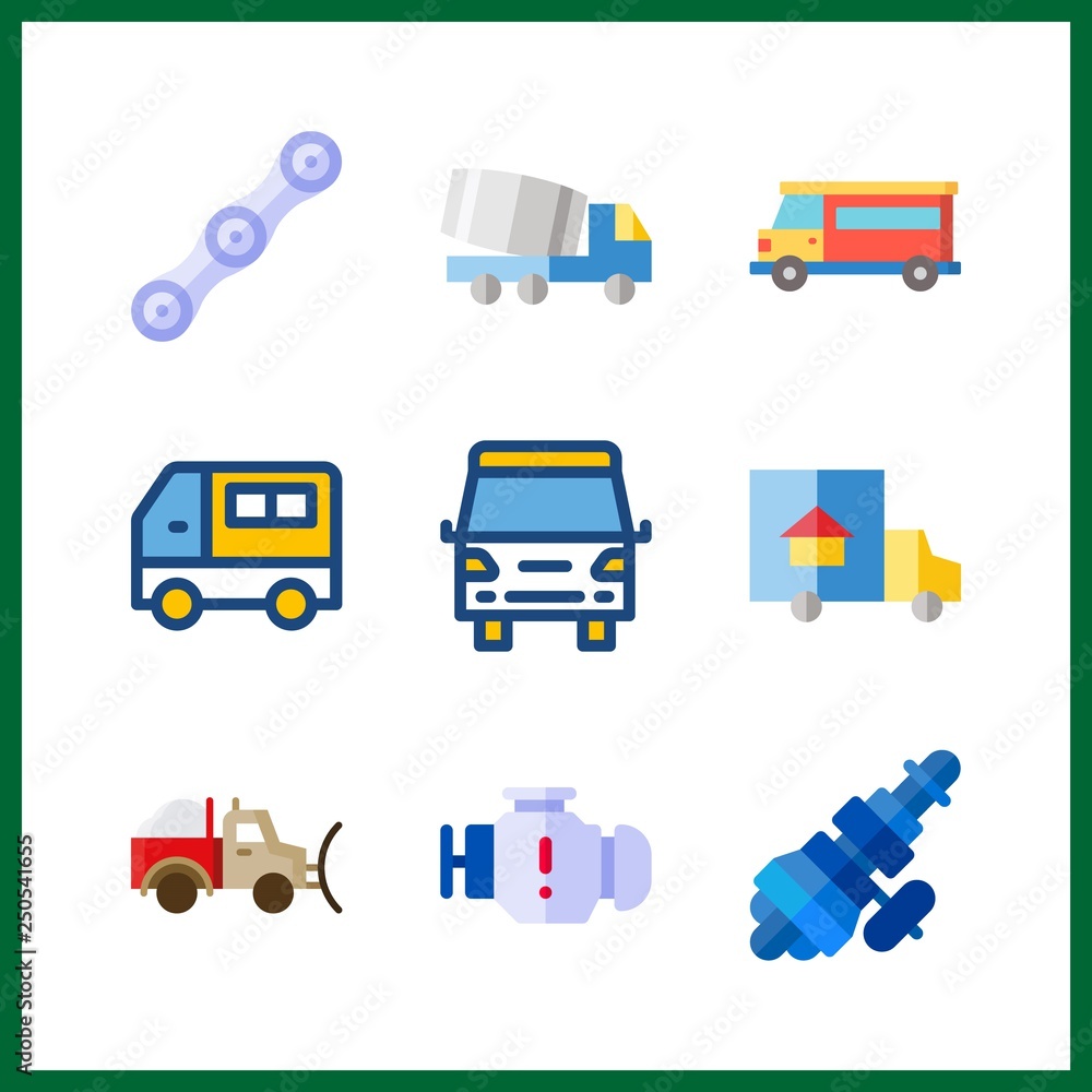 Fototapeta premium 9 truck icon. Vector illustration truck set. snowplow and trucks icons for truck works