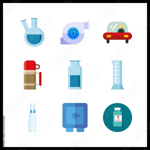 9 container icon. Vector illustration container set. motor and retort icons for container works