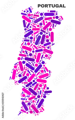 Mosaic Portugal map isolated on a white background. Vector geographic abstraction in pink and violet colors. Mosaic of Portugal map combined of random circle points and lines.