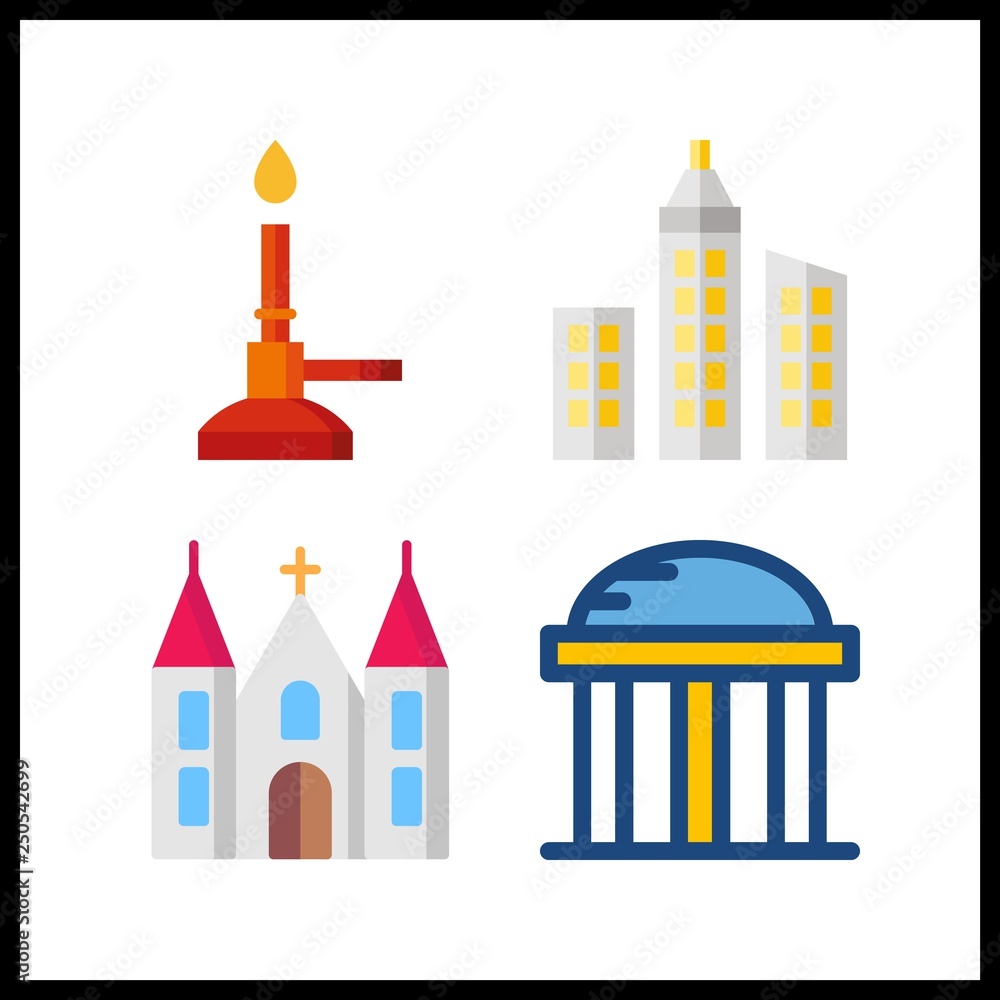 4 building icon. Vector illustration building set. bunser burner and church icons for building works