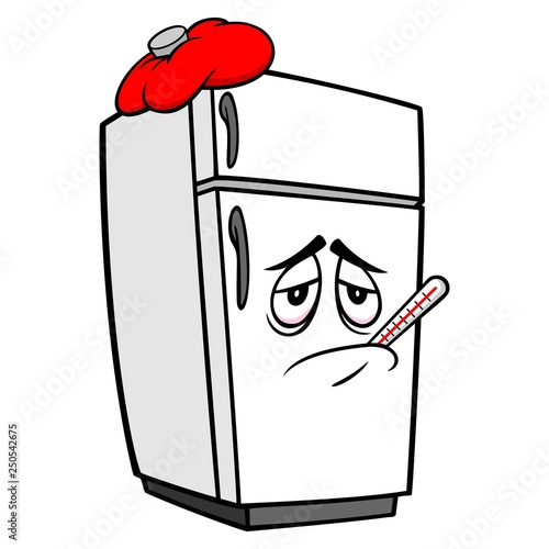 Refrigerator Mascot Sick - A vector cartoon illustration of a sick home kitchen refrigerator mascot.