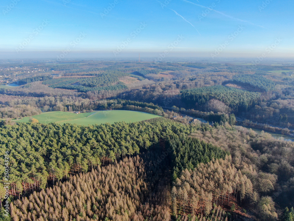 Aerial view of countryside landscape with forests and farmlands during beautiful winter day in the morning. Belgium, Walloon Brabant