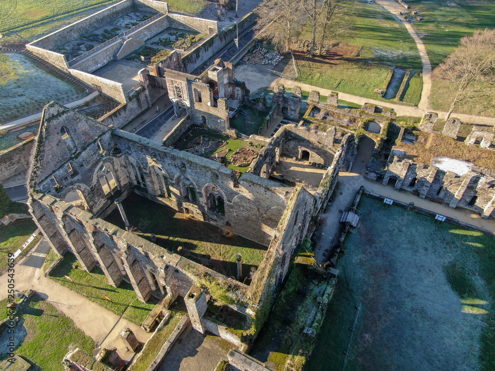 Aerial view of Villers Abbey ruins, an ancient Cistercian abbey located near the town of Villers-la-Ville in the Brabant province of Wallonia, Belgium