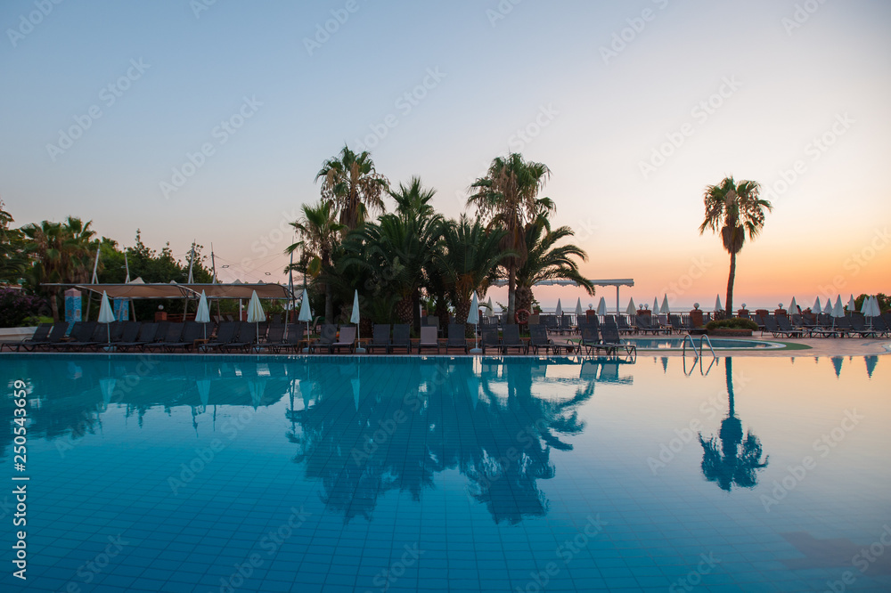 swimming pool with palm trees at sunset. water reflection