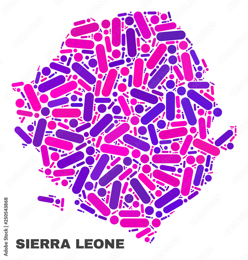 Mosaic Sierra Leone map isolated on a white background. Vector geographic abstraction in pink and violet colors. Mosaic of Sierra Leone map combined of random circle points and lines.