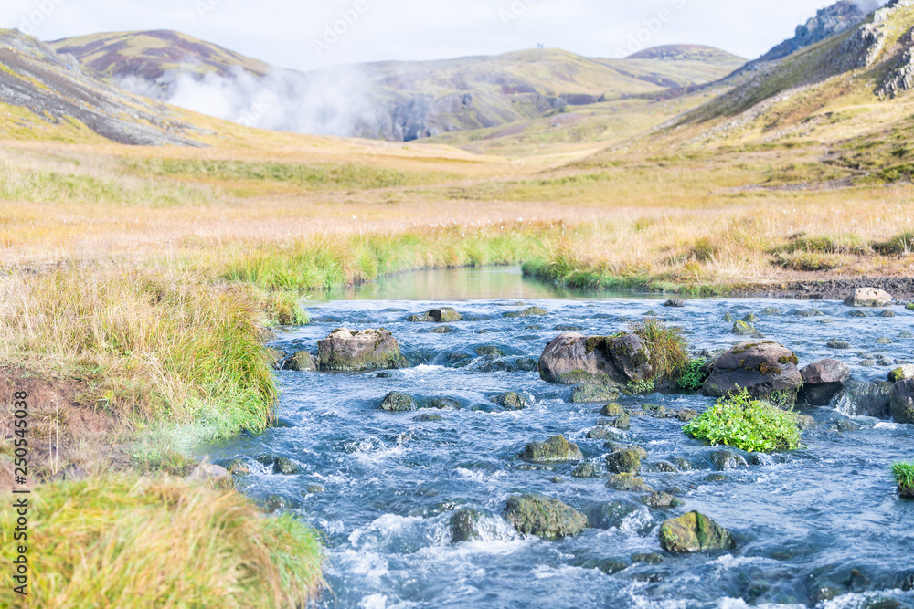 Φωτογραφία Hveragerdi Hot Springs river in Reykjadalur morning day in south Iceland golden