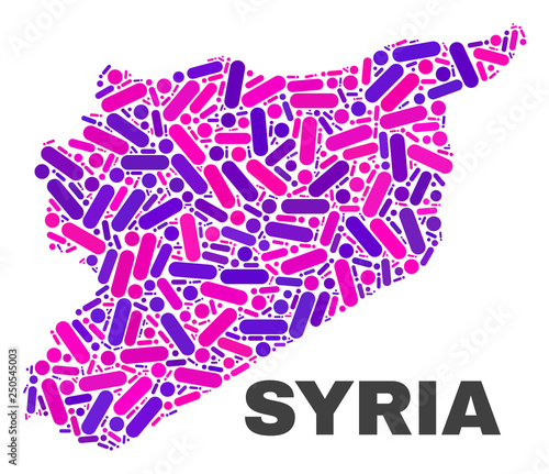 Mosaic Syria map isolated on a white background. Vector geographic abstraction in pink and violet colors. Mosaic of Syria map combined of scattered round points and lines.