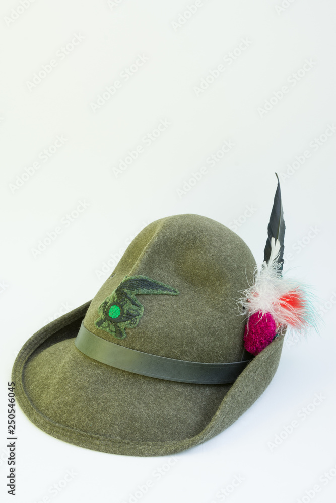 Specimen of an alpine hat belonging to the Italian Alpine troops of the  Transmissions Department. The Cappello Alpino is the most distinctive  feature of the Italian Army's Alpini troops uniform. Stock Photo